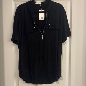 Black Zip-Front Short Sleeve Blouse